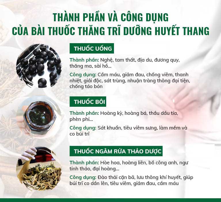 Thông tin thành phần – công dụng bài thuốc Thăng trĩ Dưỡng huyết thang